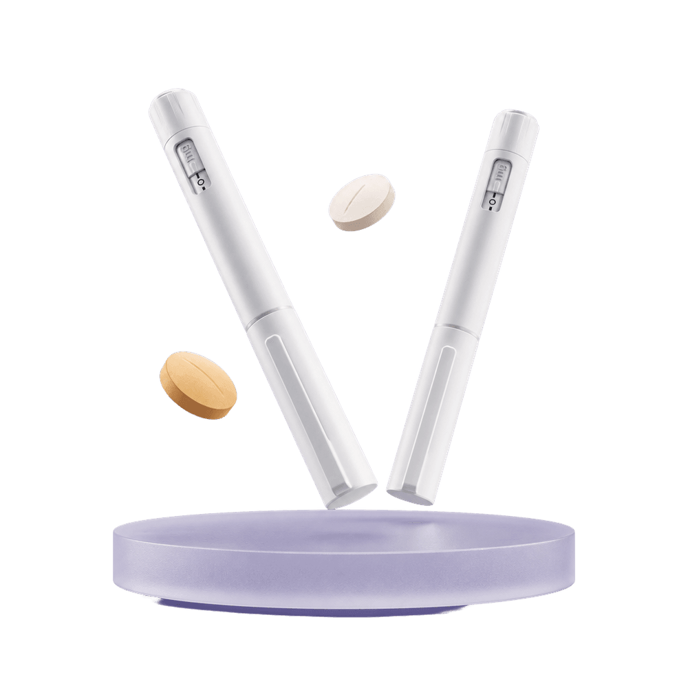 Two GLP-1 injector pens and two tablets floating above a lavender podium
