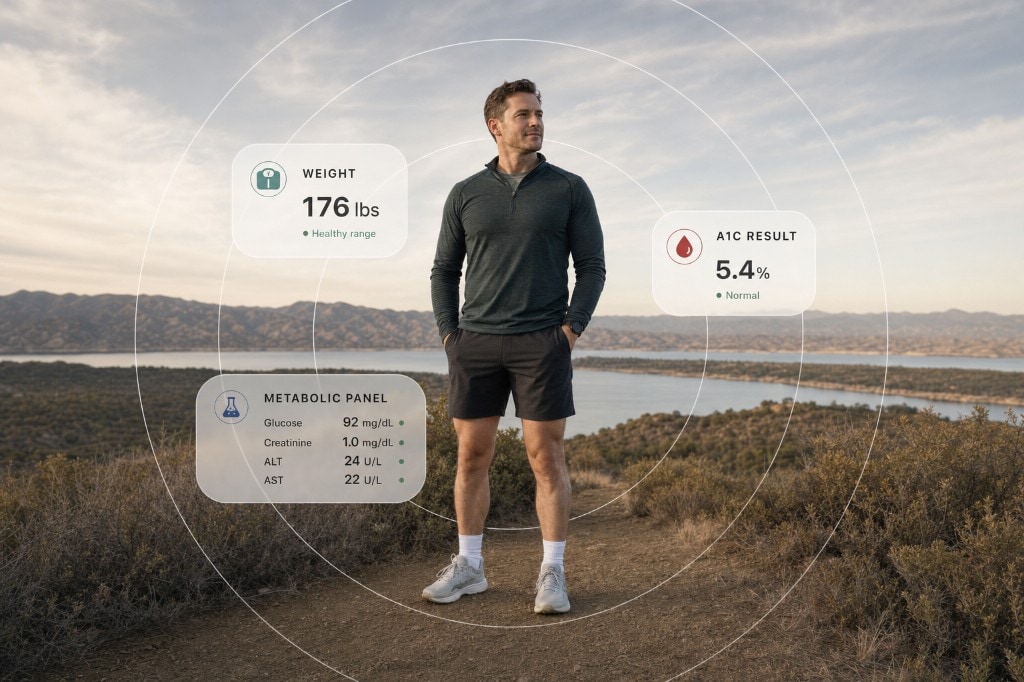 A man outdoors ringed by his tracked biomarkers: weight, A1C, and a metabolic panel