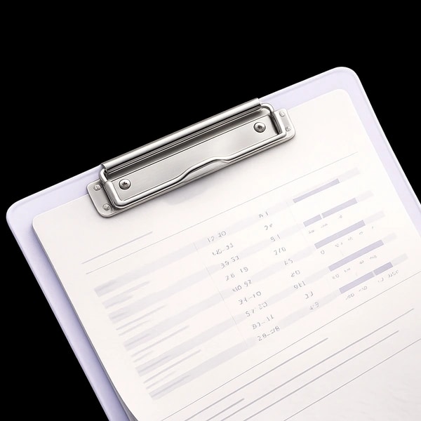 A textured lavender clipboard holding a lab report