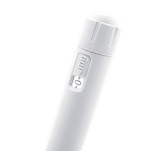 A white GLP-1 injector pen, its dose window reading 0 mg