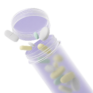 A tipped-over pill bottle with its cap off and pale tablets spilling out