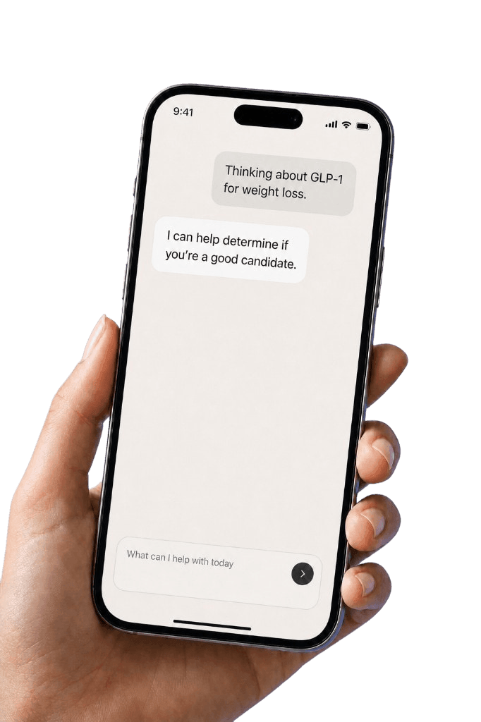 A hand holding a phone with a Clara chat thread about GLP-1 for weight loss