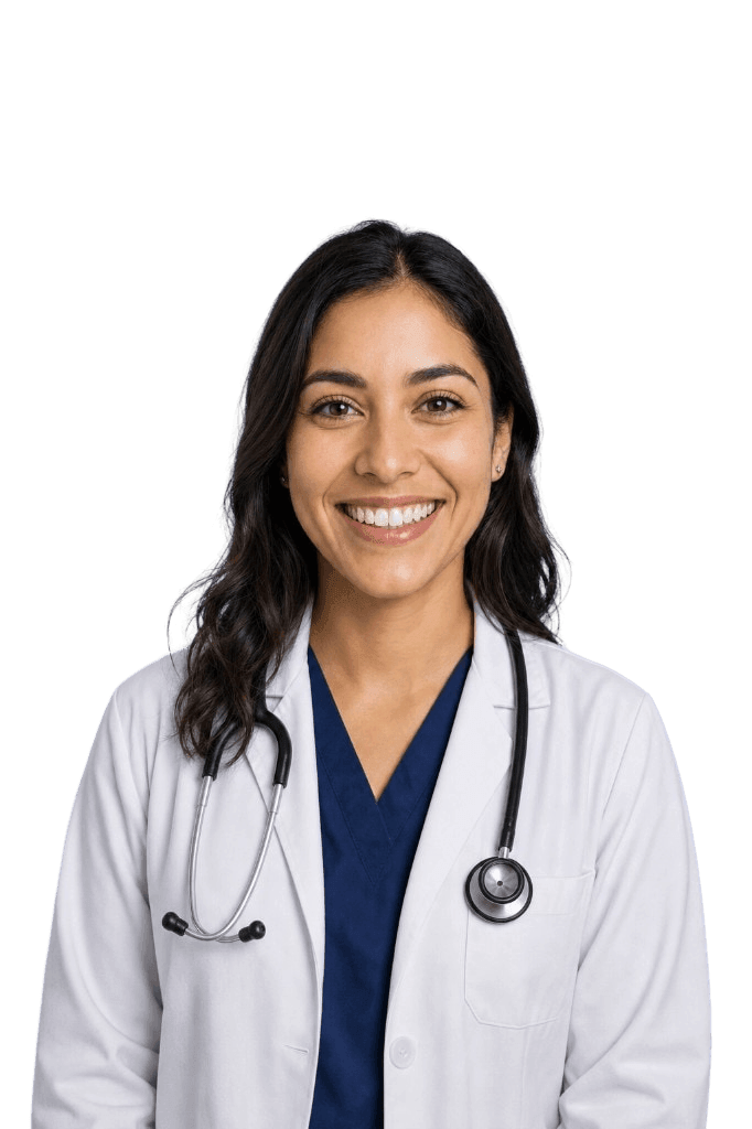 A smiling clinician in a white coat with a stethoscope